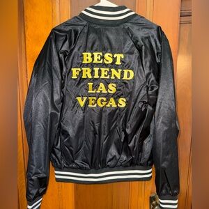 Roy Choi Las Vegas “Best Friend” Black Satin bomber Jacket with Yellow Lettering